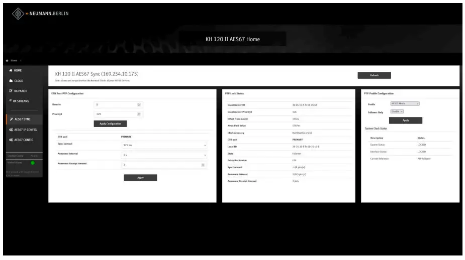 Configuring AES67 network and audio settings
