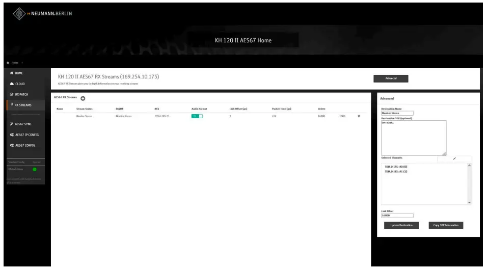 Configuring AES67 network and audio settings