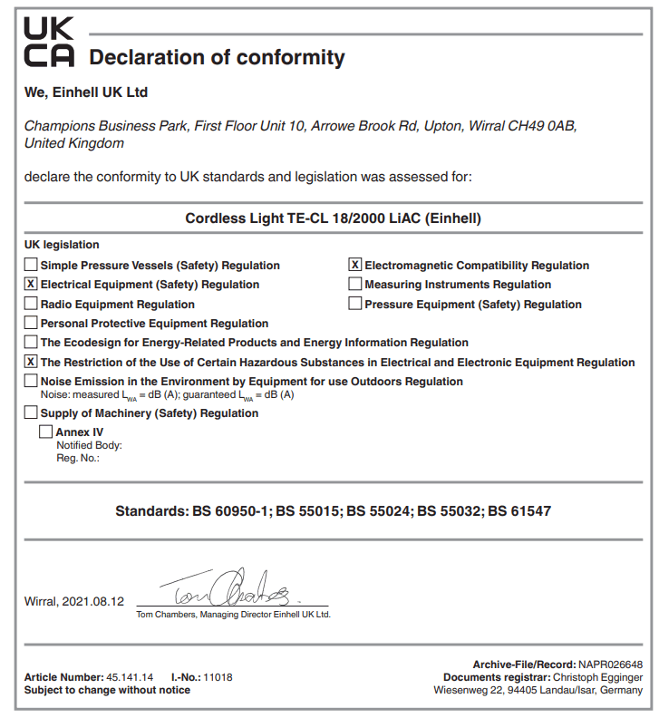Einhell TE-CL 18 2000 LiAC-Solo Cordless Light - Sartifect