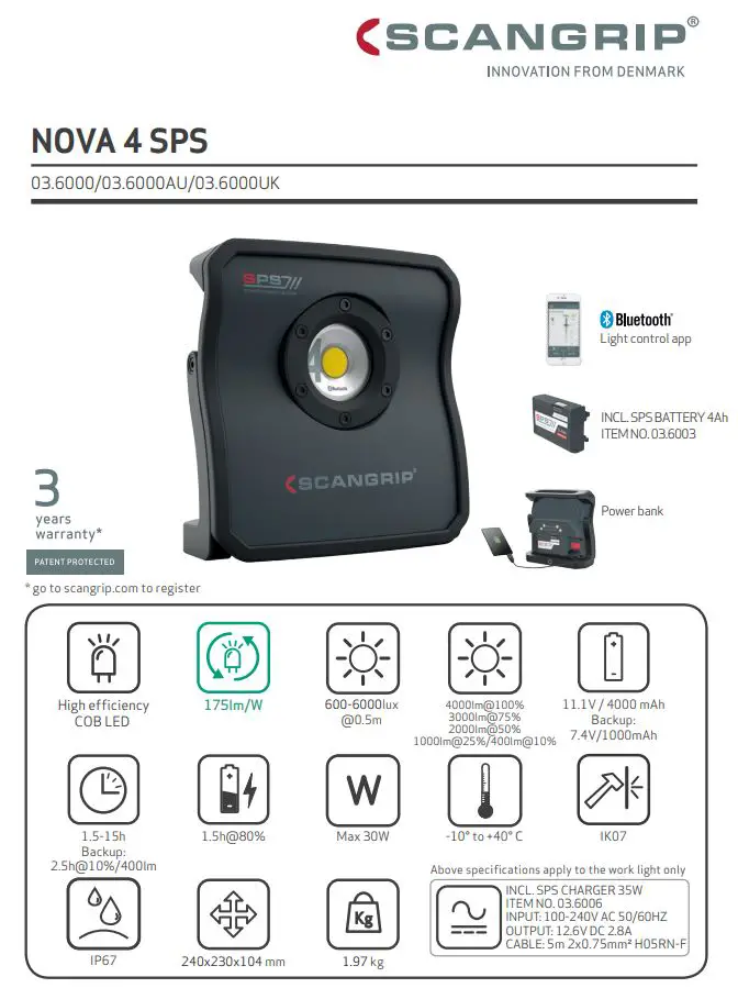 SCANGRIP 03.6000 NOVA 4 SPS Powerful Floodlight Instruction Manual