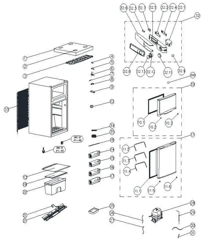 PREMIUM LEVELLA PRF315300HW Defrost Top Freezer Mini Refrigerator - exploded view