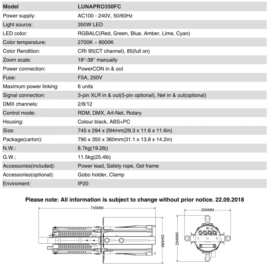 Sistemamt LUNAPRO350FC 350W RGBALC LED Profile Spot - Technical specifications