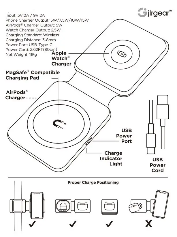 JLR Gear 2 In 1 Magnetic Wireless Charger Instruction Manual - Specifications