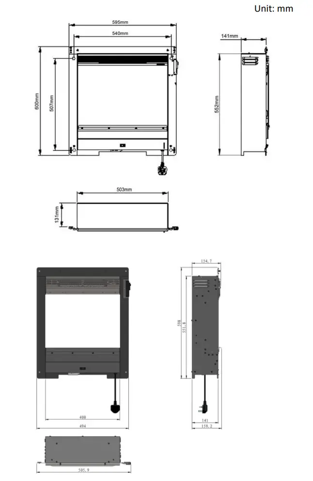be modern 2740 2kw Electric Heater Fire - Dimension