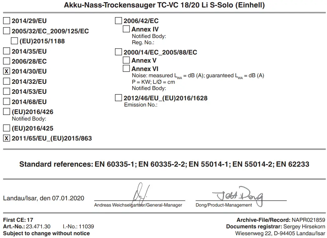Einhell TC VC 18 20 Li S Solo Cordless Wet Dry Vacuum Cleaner - Figure