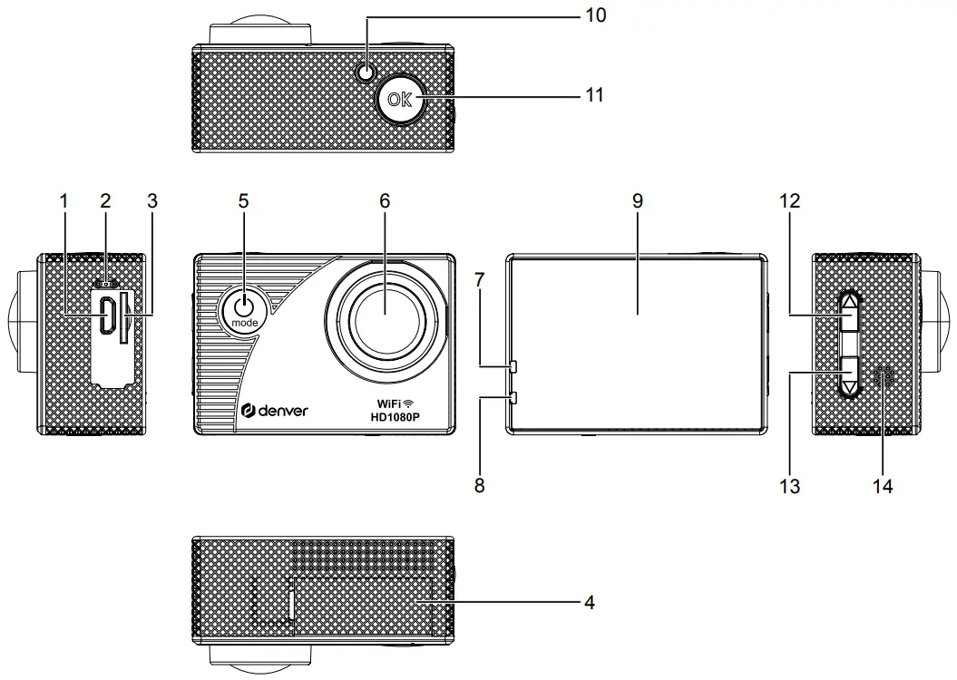 denver ACT 5051W 5MP FHD 1080P 30M Waterproof Action WiFi Camera - Camera Diagram