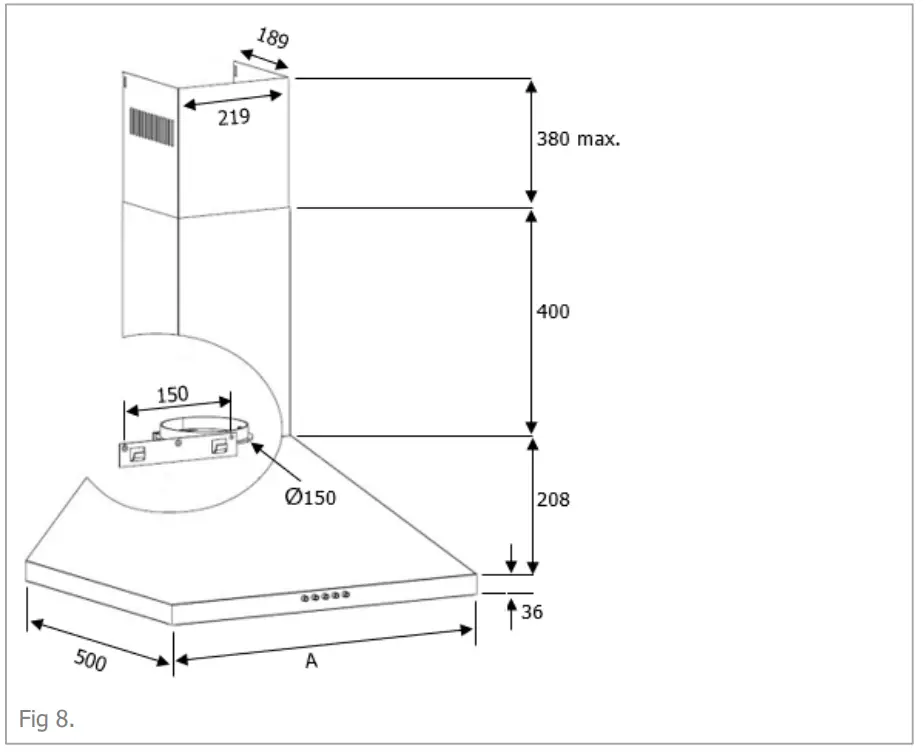 CDA ECH Standard Chimney Extractors - Product dimensions