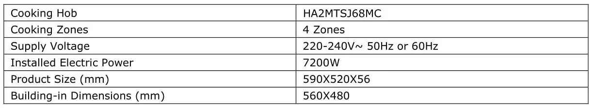 Haier HA2MTSJ68MC Induction Hob - Technical Specification
