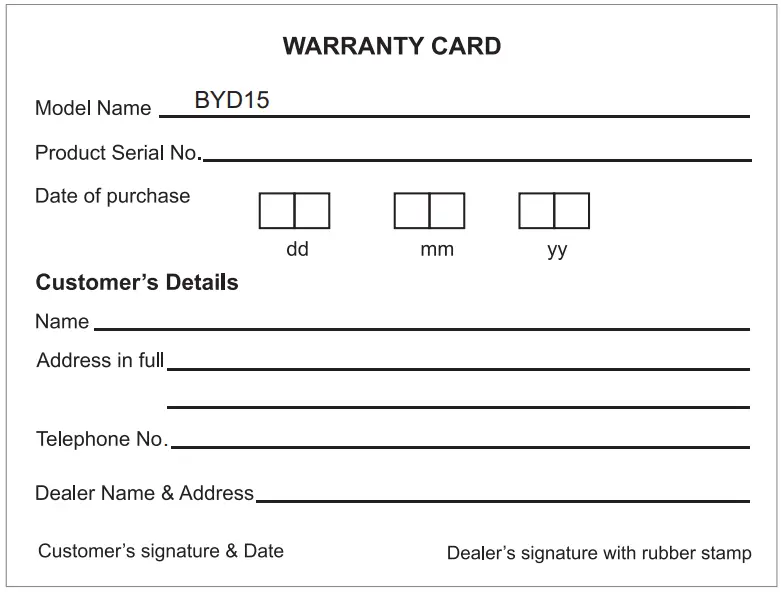 Byybuo BYD15 Smart Photo Frame - Warranty Card