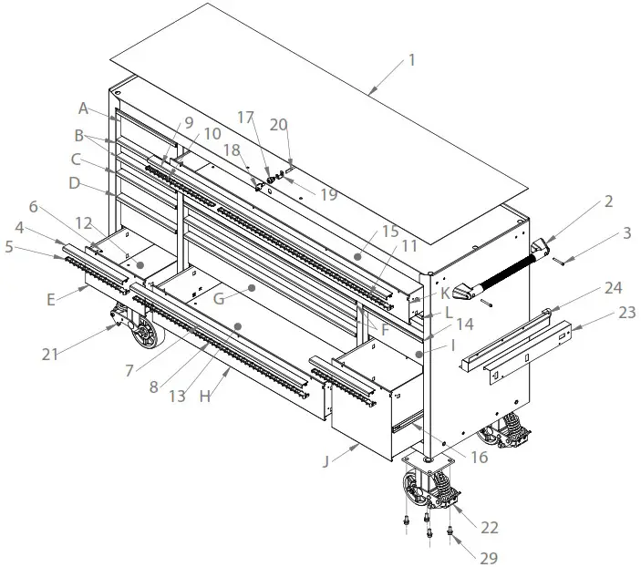 US GENERAL 70381 72 Inch Triple Bank Roller Cabinet - Assembly Diagram 1