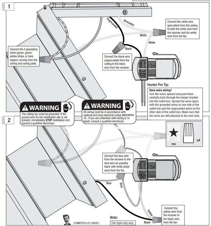 Hunter 51716 Indoor Matte Black Ceiling Fan with Remote and Light Kit - 4 Wire