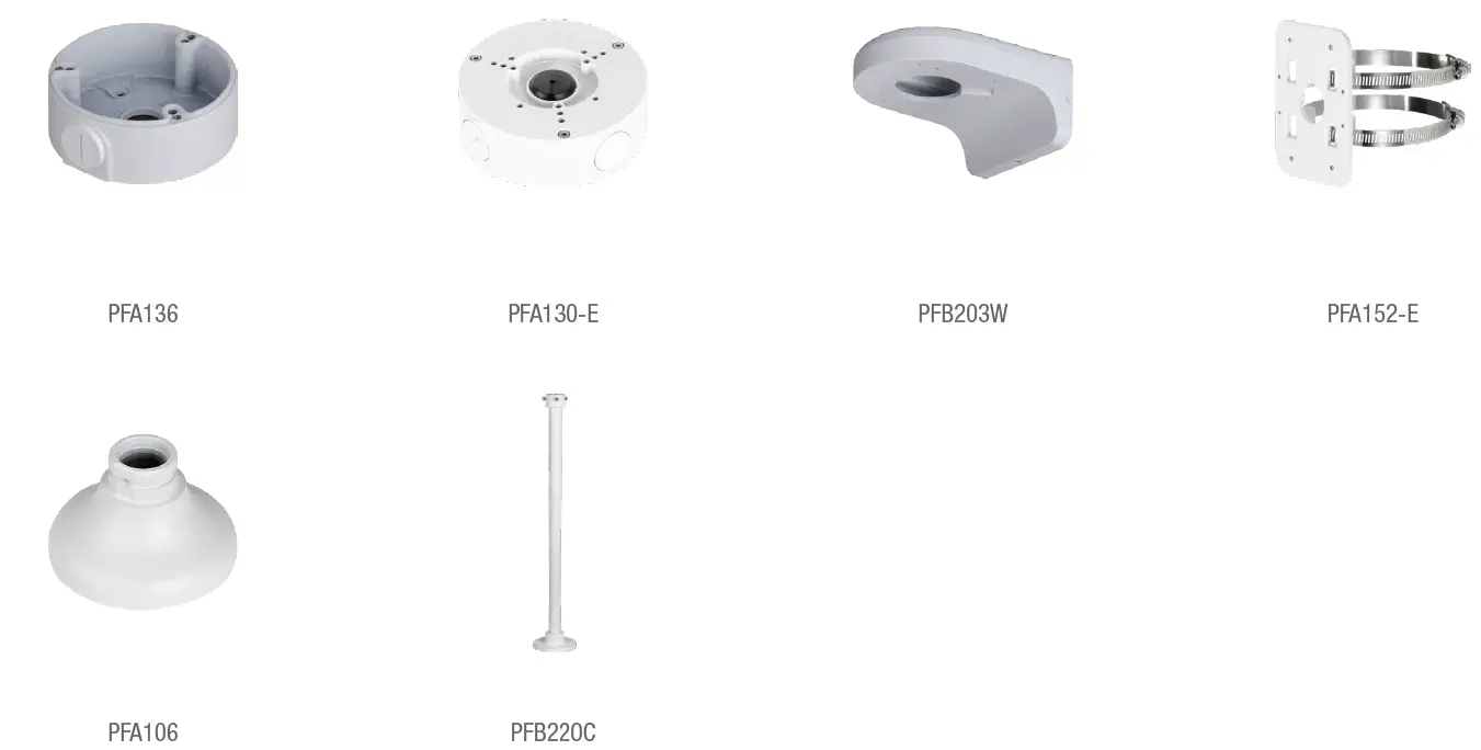 Video Standard

Video Compression

H.265 / H.264 / H.264B / MJPEG (Sub stream only)

Smart Codec

Smart H.265+ / Smart H.264+

Video Frame Rate

Main stream:

1920 × 1080 @ (1–25/30 fps)

Sub stream:

704 × 576 @ (1–25fps)

704 × 480 @ (1–30fps)

Streaming Capability

2 Streams

Video Resolution

1080p (1920 × 1080); 1.3M(1280 × 960);720p (1280 × 720); D1 (704 × 576/704 × 480); VGA

(640 × 480); CIF (352 × 288/352 × 240)

Bit Rate Control

CBR, VBR

Video Bitrate

H264: 32 Kbps ~ 6144 Kbps

H265: 12 Kbps ~ 6144 Kbps

Day / Night

Auto (ICR) / Color / B / W

BLC Mode

Yes

HLC Mode

Yes

Wide Dynamic Range

DWDR

White Balance

Auto / Natural / Street Lamp / Outdoor / Manual / Regional Custom

Gain Control

Auto / Manual

Digital Noise Reduction

3D DNR

Motion Detection

On / Off (4 areas, rectangular)

Region of Interest

4

Smart Illumination

Yes

Mirror

Yes

Privacy Masking

Yes (4 areas)

Image Rotation

0°/90°/180°/270° (Support 90°/270° with 2688

×1560 resolution and lower)

Alarm

Alarm Event

Network disconnection; IP conflict; illegal access; motion detection; video tampering; safety exception

Network & Interface

Ethernet

RJ-45 (10/100 Base-T)

SDK and API

Yes

Cyber Security

Video encryption;configuration encryption; Digest; WSSE; account lockout; security logs; generation and importing of X.509 certification; HTTPS; trust- ed boot; trusted execution; trusted upgrade

Network Protocol

IPv4; IPv6; HTTP; TCP; UDP; ARP; RTP; RTSP; SMTP; FTP; DHCP; DNS; NTP; Multicast

Network Interoperability

ONVIF (Profile S/Profile T); CGI; P2P; Genetec

Streaming Method

N/A

Network Max. Users

6 (Total bandwidth: 36 M)

Storage

FTP

Web Viewer

IE / Chrome / Firefox

Management Software

Smart PSS / DSS / DMSS

Mobile

iOS / Android

BNC

N/A

Audio I/O

N/A

Alarm I/O

N/A

Audio Compression

N/A

RS485

N/A

Built-in MIC

N/A

General

Power Supply

12 V DC / PoE (802.3af)

Power Consumption

Basic: 1.4 W (12 V DC); 2.2 W (PoE);

Max. (ICR+ H.265 + IR intensity): 3.3 W (12 V DC);

4.3 W (PoE)

Operating Temperature

-40°C ~ 60°C (-40°F ~ 140°F) / ≤ 95% RH

Storage Temperature

-40°C ~ 60°C (-40°F ~ 140°F)

Protection

IP67

Casing

Metal and Plastic

Dimensions

85.5 mm × ø 109 mm (3.4” × ø 4.3”)

Net Weight

240 g (0.5 lb)

Gross Weight

370 g (0.8 lb)

Certifications

CE-LVD: EN62368-1

CE-EMC: Electromagnetic Compatibility Directive 2014/30/EU

FCC: 47 CFR FCC Part 15, Subpart B