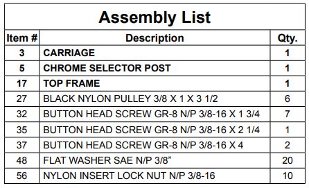 TUFFSTUFF Apollo 7200 Series Leg Press Fitness Station Owner's Manual - Assembly List