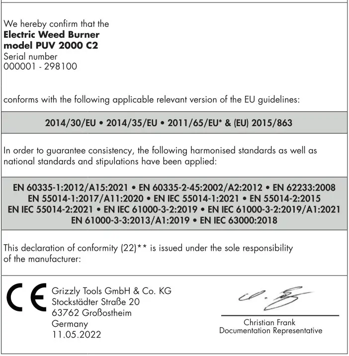 PARKSIDE PUV 2000 C2 Electric Weed Burner - declaration of conformity