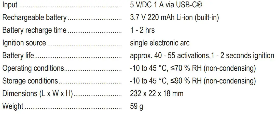 CONRAD 2633084 Electronic Stick Lighter - Technical data