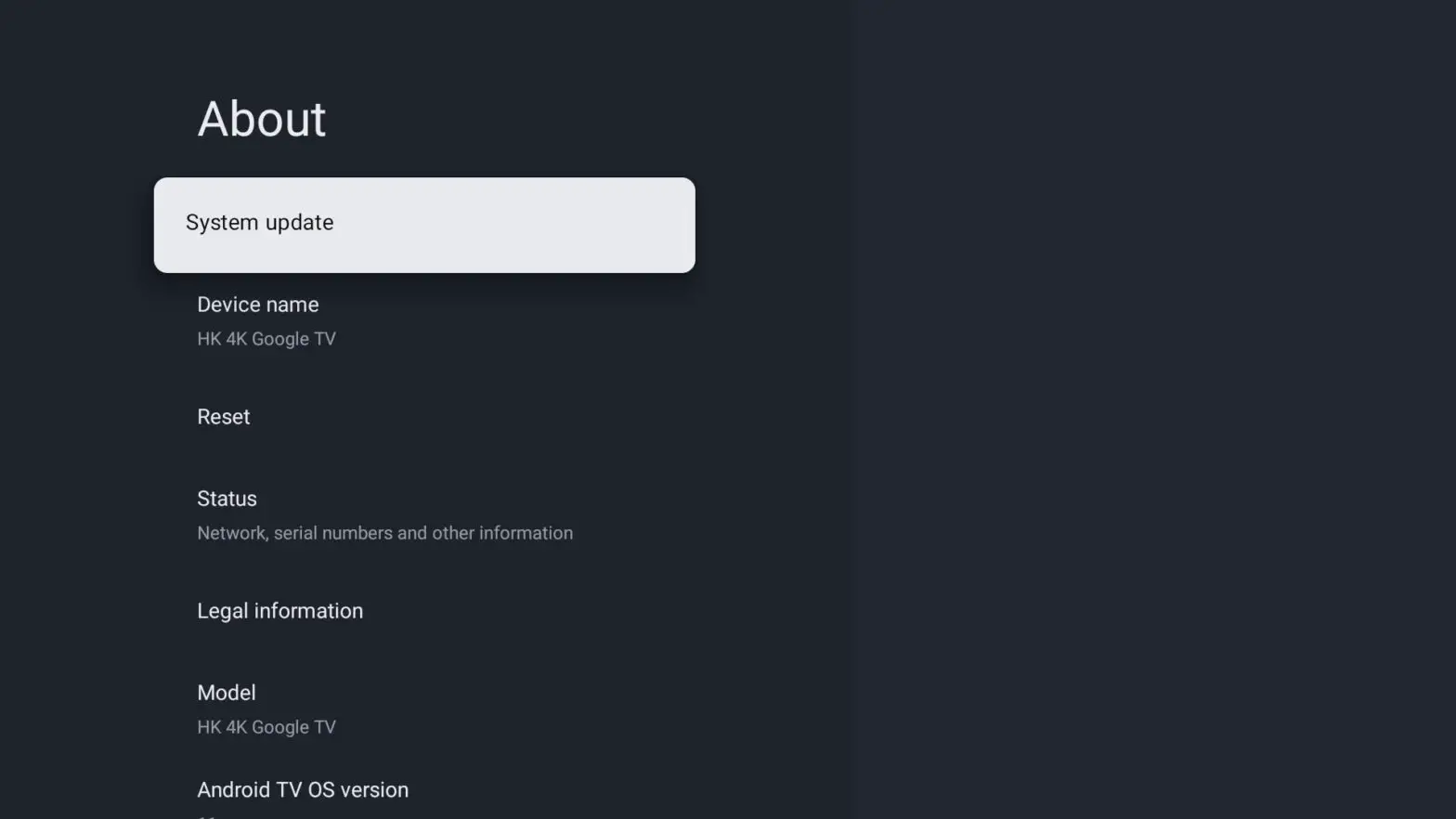 EKO K550USG 55 4K Ultra HD Google TV - ABOUT MENU