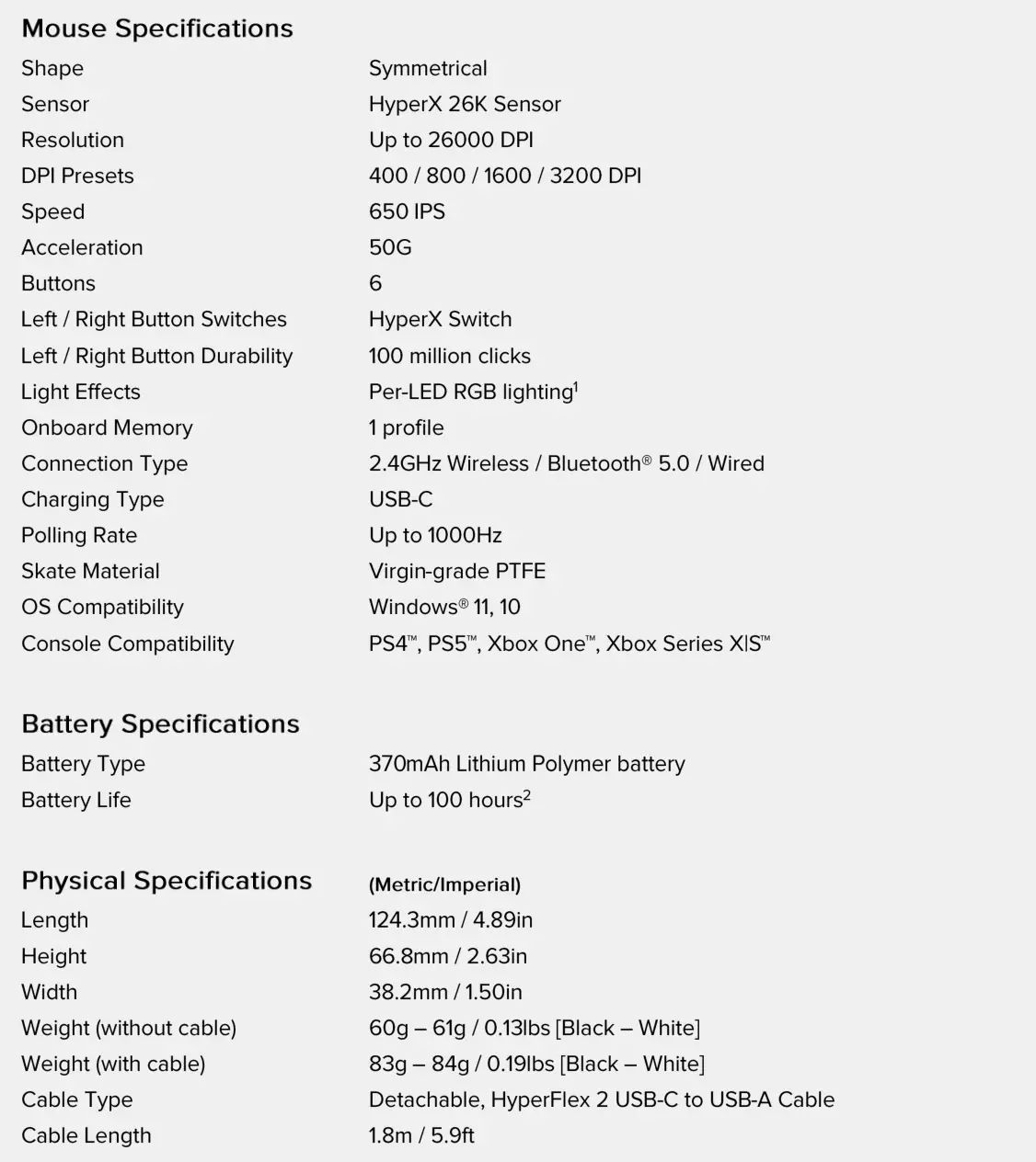 HYPERX 926640 Pulsefire Haste 2 Gaming Mouse Wireless - Specifications