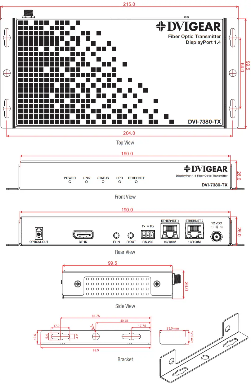 DVIGEAR DVI 7380 DisplayPort 1 4 Fiber Optic Extender - TECHNICAL DIAGRAMS