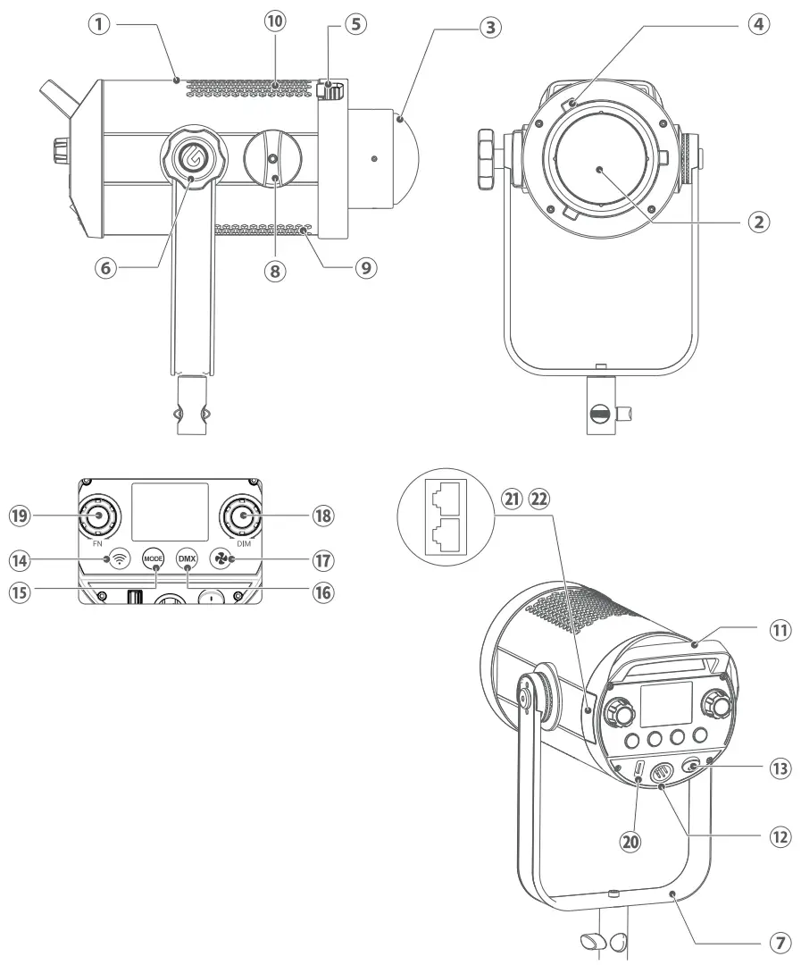 Godox SZ300R Zoom RGB LED Spotlight - Name of parts