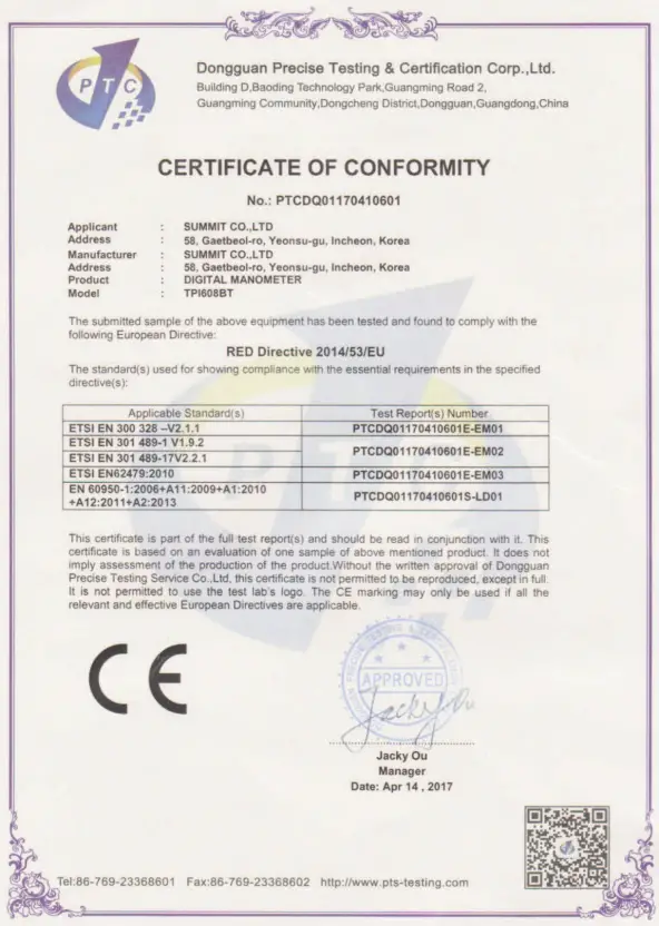 tpi 608 and 608BT Digital Manometer certi