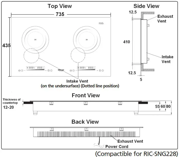 Rasonic RIC SNG211 RIC SNG228 Induction Cooker - Product Installation Dimensions 1