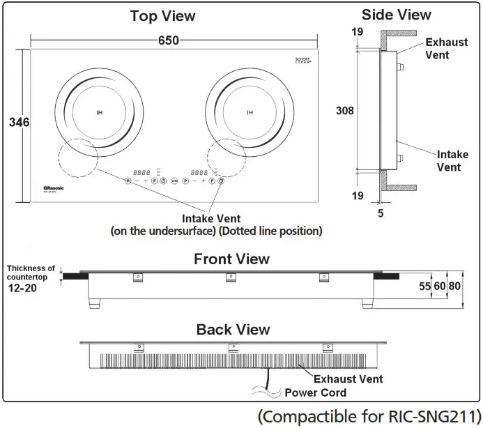 Rasonic RIC SNG211 RIC SNG228 Induction Cooker - Product Installation Dimensions 2