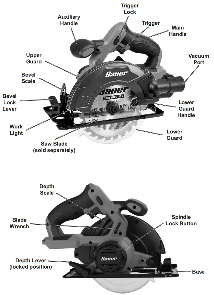 BAUER 2072C B 20V Cordless 6 1 2 Inch Circular Saw Tool Only - Functions
