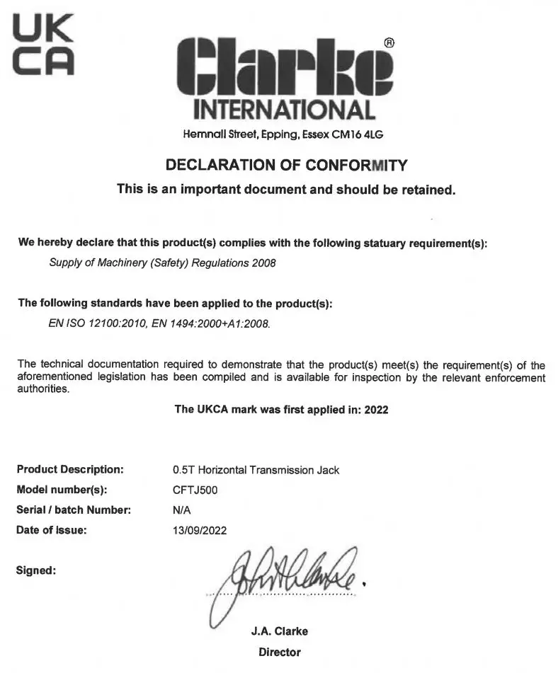 Clarke CFTJ500 Transmission Jack Instructions - DECLARATION OF CONFORMITY