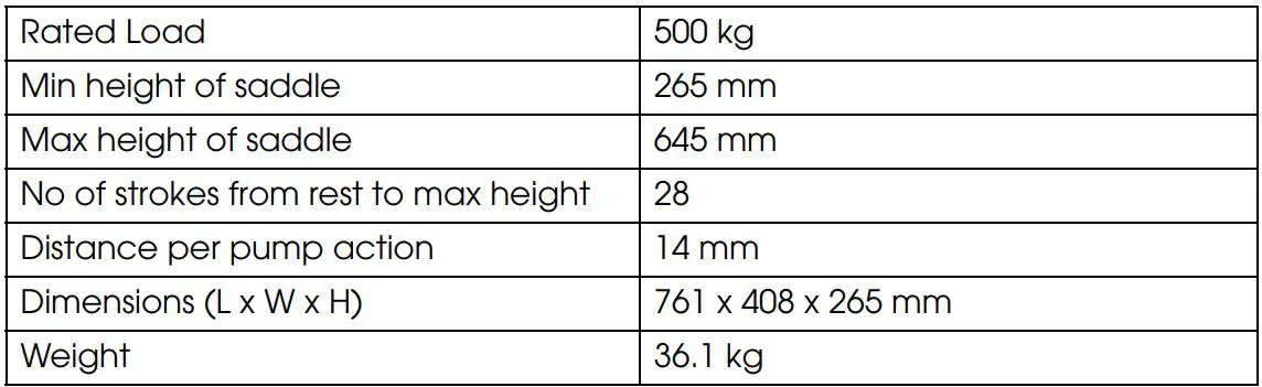 Clarke CFTJ500 Transmission Jack Instructions - SPECIFICATION