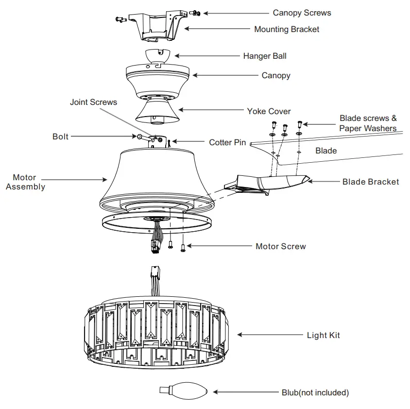 Breezary 29003-BN 52 Inch Ceiling Fan With Light - Exploded View