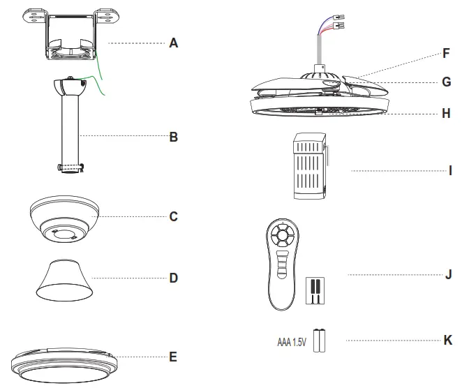 YUHAO YHDC5255W42 Retractable Ceiling Fan with Lights - Specification