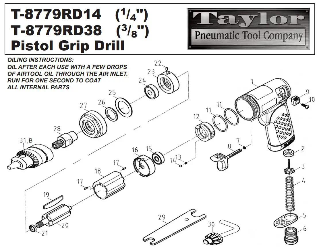 Taylor Pneumatic Tool Company T-8779RD14 (1-4) Pistol Grip Drill Instructions