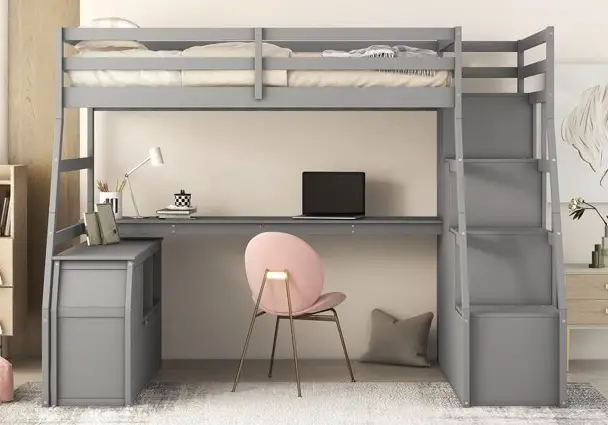 ModernLuxe L-LT000639AAE Twin Size Loft Bed with 7 Drawers 2 Shelves and Desk