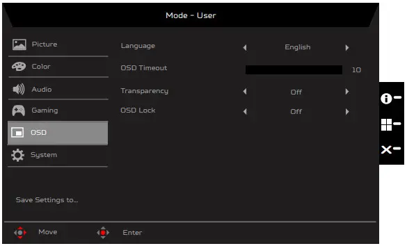 acer XV272U LCD Monitor - OSD