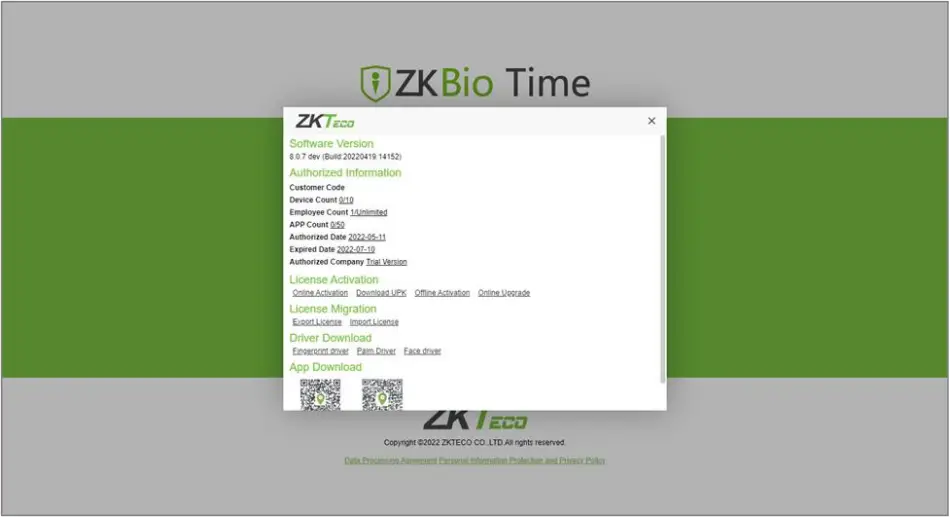 ZKTeco ZKBio Time - License Information 2