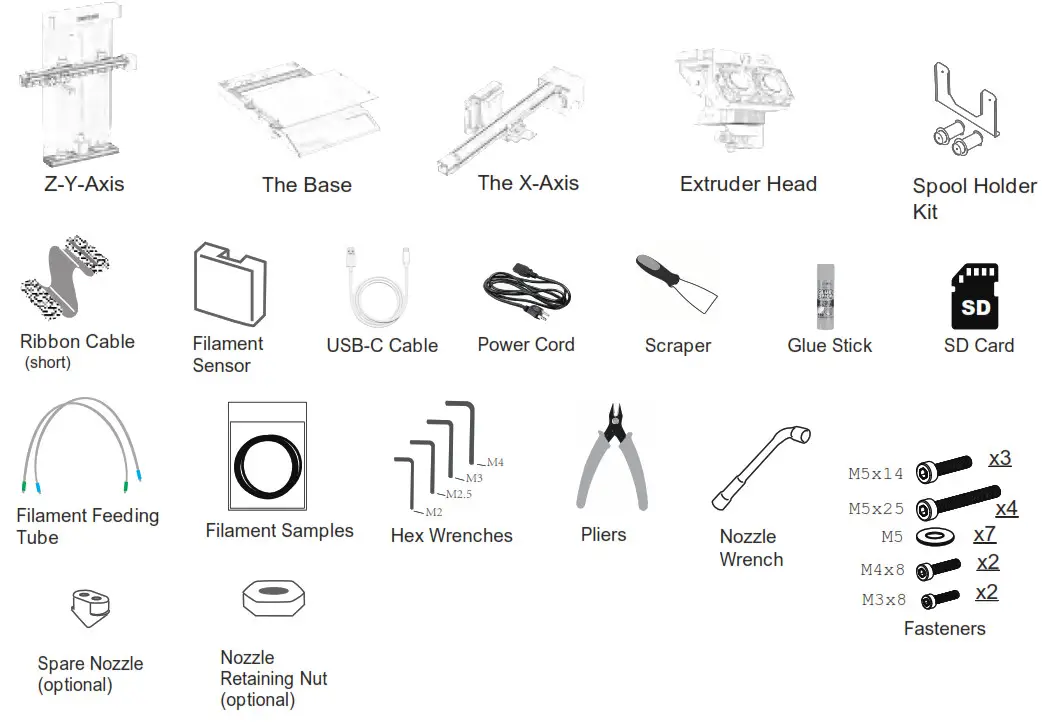 Cetus 2 3D Printer Artist D Pro IDEX Dual Extruder - Packing List