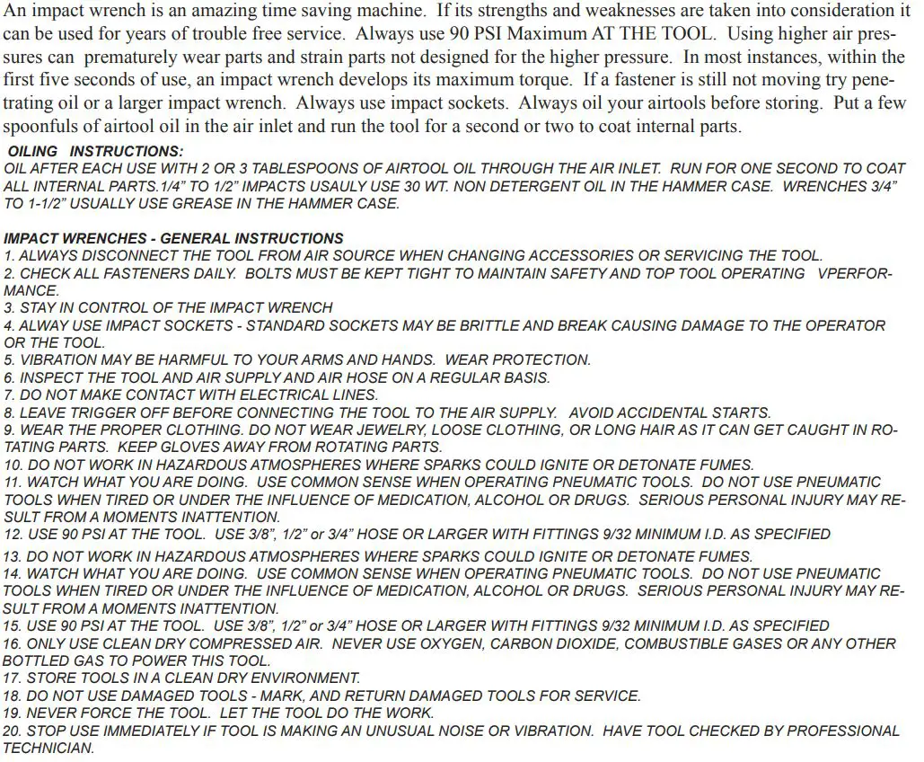 Taylor Pneumatic Tool Company T-7775 Heavy Duty 34 Inch Impact Wrench Instruction Manual - General Instructions Impact Wrenches