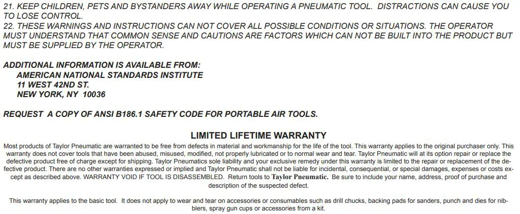 Taylor Pneumatic Tool Company T-7775 Heavy Duty 34 Inch Impact Wrench Instruction Manual - General Instructions Impact Wrenches