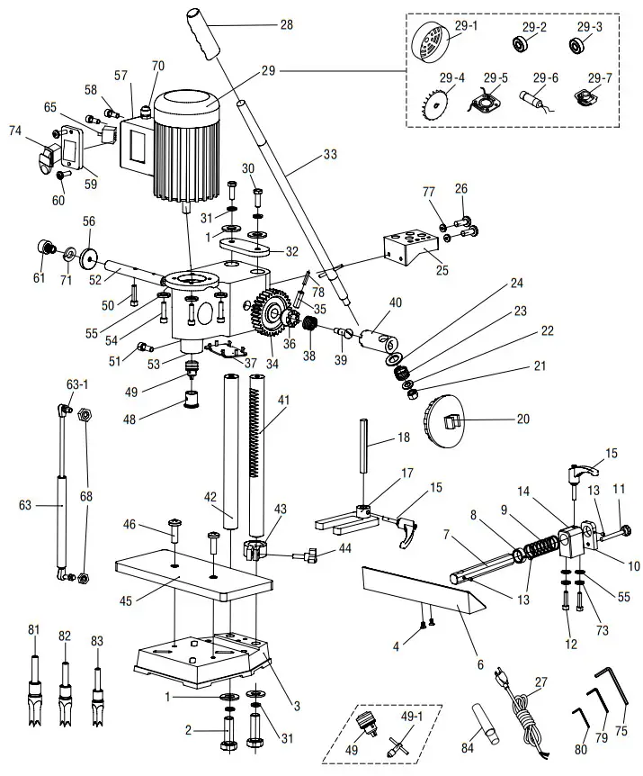 WEN 43013 Cast Iron Bench Mortiser - Part list