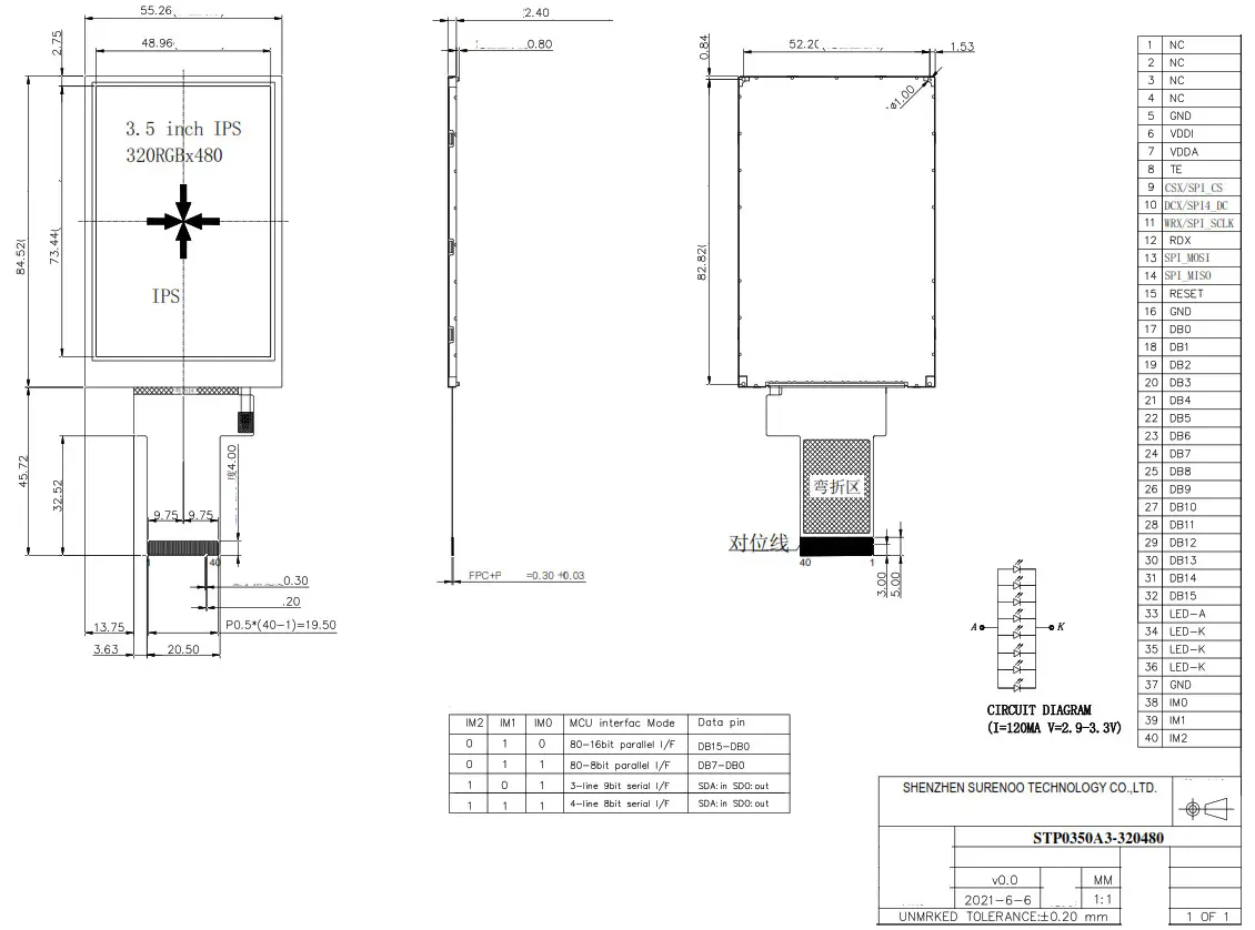 Surenoo STP0350A3-320480 Series TFT LCD Panel - Diogram