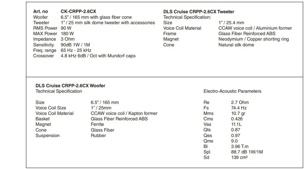 DLS CRUISE CRPP-2.6CX 2 Way Coaxial Speaker User Manual - Specifications
