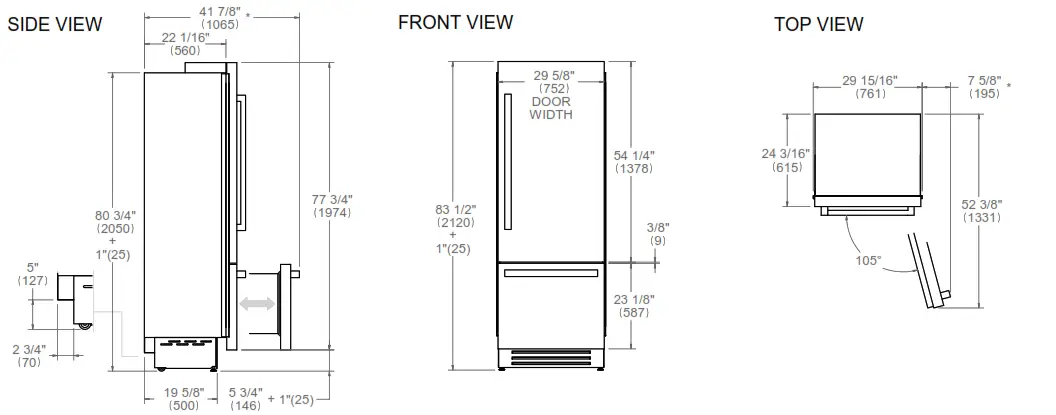 BERTAZZONI REF30BMBIXRT Bottom Mount Refrigerator - PRODUCT DIMENSIONS