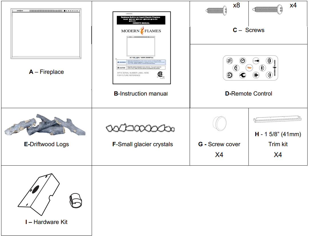 MODERN FLAMES RS-3021 Redstone Built In Electric Fireplace - Parts and Hardware
