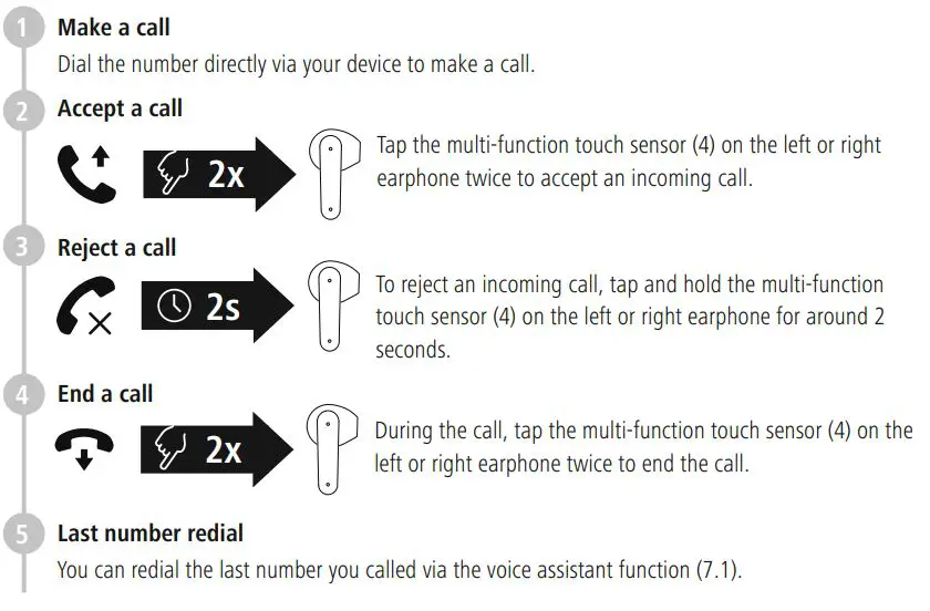 THOMSON WEAR77032 True Wireless Headphones Instruction Manual - Hands-free function