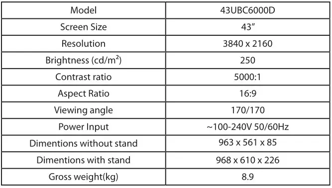BLAUPUNKT 43UBC6000D LED TV - Specification