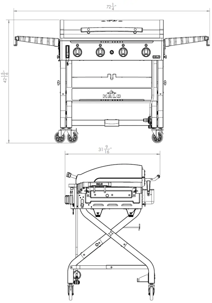 HALO HZ 1001 XNA Elite4B 8 Zone Outdoor Black Griddle - DIMENSIONS