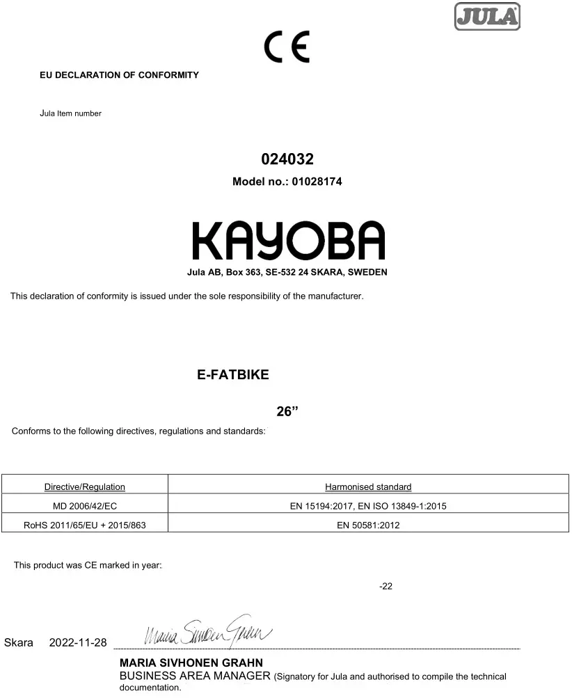 KAYOBA 021290 Electric Bicycle - EU DECLARATION OF CONFORMITY
