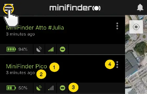 MiniFinder Pico Personal GPS Tracker - Menu Device List