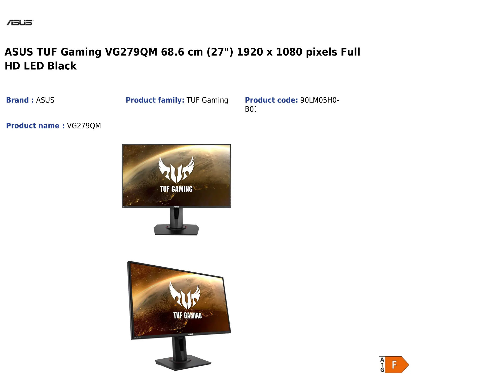 ASUS VG279QM 27 Inch Pixels Full HD LED Black User Guide