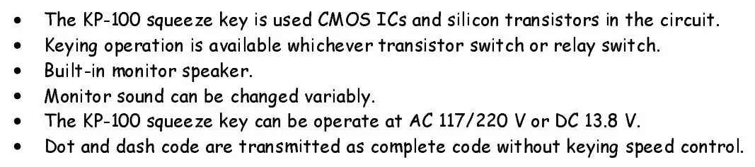 KENPRO KP-100 Electronic Squeeze Keyer Instruction Manual - Features